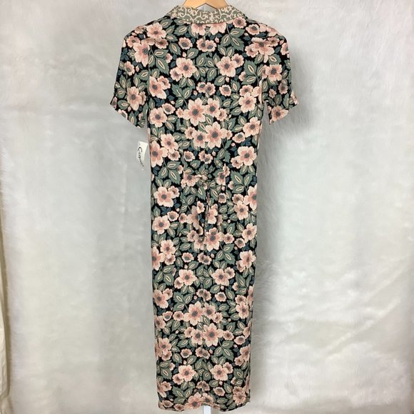 Vintage 90s Fiasco Grunge Pink Peach, Blue, Black Floral Button Front Dress XXS - Picture 3 of 6